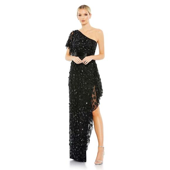Mac Duggal Sz 6 Black 93687 One Shoulder Beaded Asymmetrical Hem Gown Dress $598